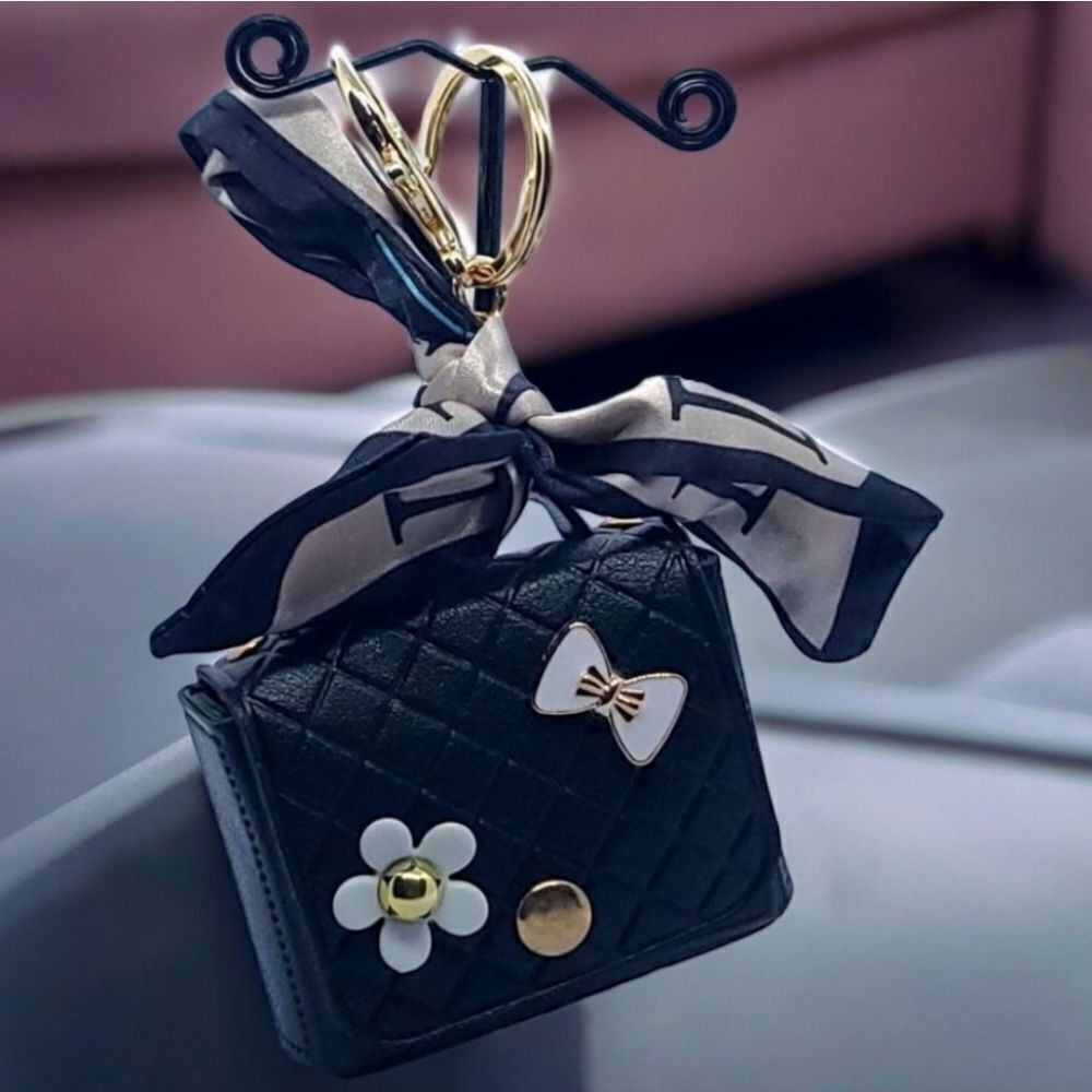 Mini Black Quilted Purse Keychain AirPods Holder Designer Style Bag Charm Luxe - Picture 4 of 7